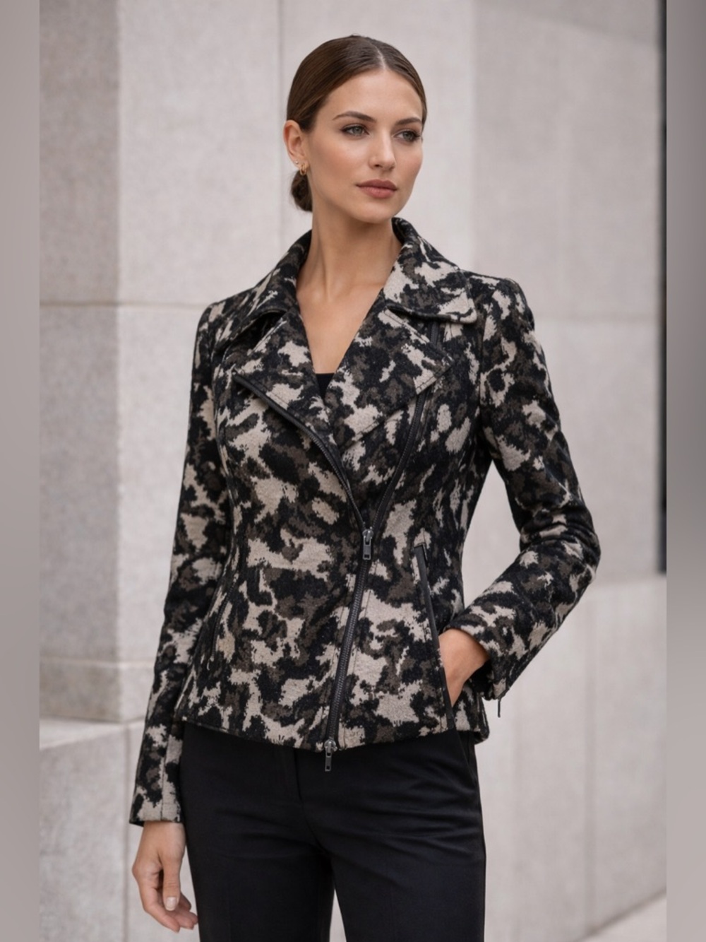 Lafayette 148 New York Moto Jacket Wool Blend Animal Print Asymmetrical Zip 0